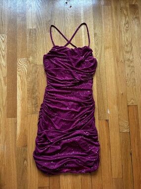 Plum Ruched Sparkle Slip Dress with Spaghetti Straps